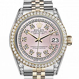 Men's Rolex 36mm Datejust Two Tone Bezel & Lugs Pink String Dial with Vintage Style Marker Hidden Clasp