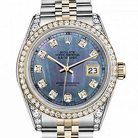 Men's Rolex 36mm Datejust Two Tone Bezel & Lugs Tahitian MOP Mother of Pearl Dial Hidden Clasp