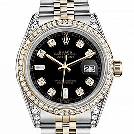 Men's Rolex 36mm Datejust Two Tone Bezel & Lugs Black Color Dial with 8 + 2 Accent Hidden Clasp