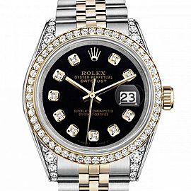 Men's Rolex 36mm Datejust Two Tone Bezel & Lugs Black Color Dial with Diamonds Hidden Clasp