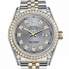 Men's Rolex 36mm Datejust Two Tone Bezel & Lugs Grey Color Dial with Accent RT Hidden Clasp