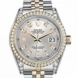 Men's Rolex 36mm Datejust Two Tone Bezel & Lugs Silver Color Dial with 8 + 2 Accent Hidden Clasp