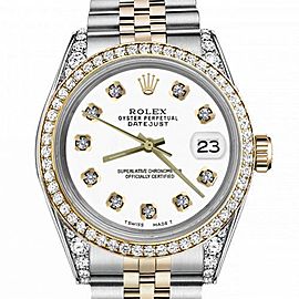 Men's Rolex 36mm Datejust Two Tone Bezel & Lugs White Color Dial with Diamonds Hidden Clasp