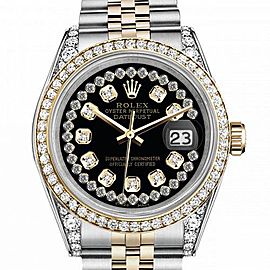 Men's Rolex 36mm Datejust Two Tone Bezel & Lugs Black String Accent Dial SP Hidden Clasp