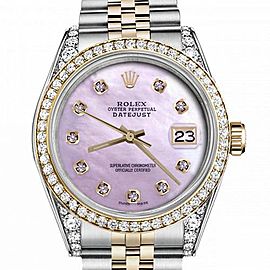 Men's Rolex 36mm Datejust Two Tone Bezel & Lugs Pink MOP Mother Of Pearl Dial Hidden Clasp