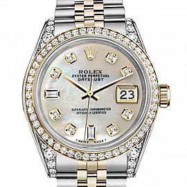Men's Rolex 36mm Datejust Two Tone Bezel & Lugs White MOP Mother Of Pearl 8 + 2 Dial Hidden Clasp