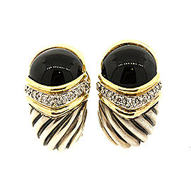 David Yurman Sterling Silver 18k Gold Capri Onyx Diamond Omega Back Earrings