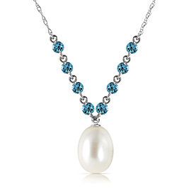 5 CTW 14K Solid White Gold Necklace Natural Blue Topaz Cultured Pearl