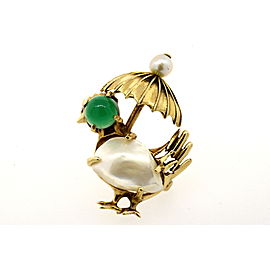 14k Gold Turkey & Umbrella Pin Brooch Green Jade Pearl Rooster Chicken Peacock