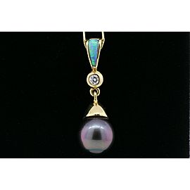 Kabana Tahitian Pearl Diamond Pendant Opal Inlay Bail 14k Yellow Gold RARE