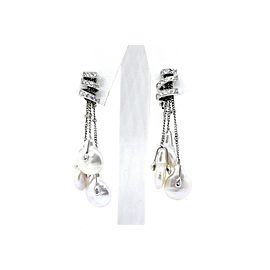Yvel Pearl Diamond Earrings Natural Biwa 18k White Gold Dangle Drop Triple