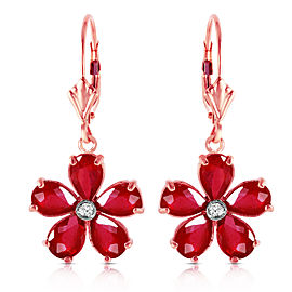 14K Solid Rose Gold Leverback Earrings withRubies & Diamonds