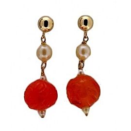 Estate 14k Yellow Gold Orange Jadeite Jade Bead Akoya Pearl Dangle Earrings