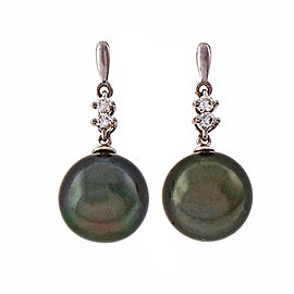 14k White Gold Black South Sea Cultured Pearl Dangle Earrings
