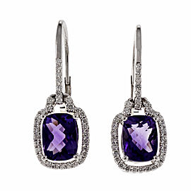 14k White Gold Cushion Shape Purple Amethyst Halo Dangle Earrings