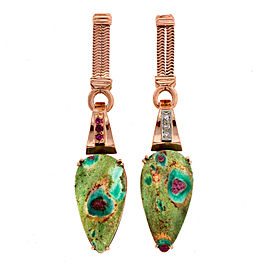 14k Rose Gold Retro Art Deco Zoisite Ruby Diamond Dangle Earrings