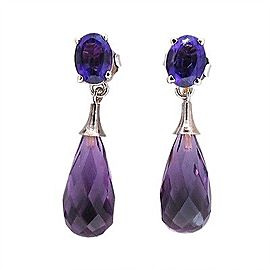 Vintage Oval Facetted Top & Briolette Amethyst 14k White Gold Dangle Earrings