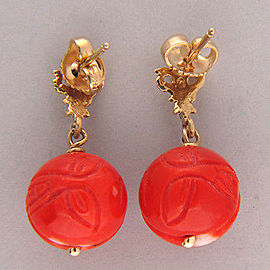 Vintage 12mm Carved Untreated Salmon Coral 14k Dangle Pierced Post Earrings
