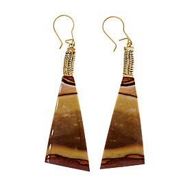Vintage 14k Yellow Gold Banded Agate Snake Chain Tops Dangle Earrings