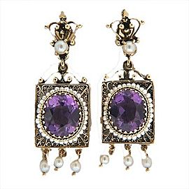 Vintage 9.00CT Oval Amethyst Pearl 1940 14K Gold Cultured Pearl Dangle Earrings