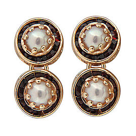 Vintage 1950s 2 Section Four 5.5mm Mobe Pearl 14k Gold Garnet Dangle Earrings