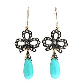 Vintage 9k Turquoise Dangle 40 Pearl 6 Round Diamond Bow Earrings