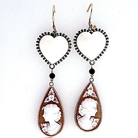 Vintage Heart Angel Skin Coral and Carved Cameo 9k Yellow Gold Dangle Earrings