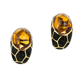 Vintage 18k Gold 20.0ct Citrine Black Enamel Italian Curved Clip & Post Earrings