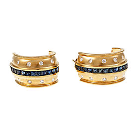 14k Yellow Gold Hoop Sapphire Diamond Earrings