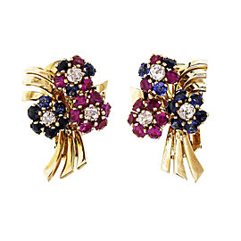 Vintage Retro Flower Earrings 18k Yellow Gold Diamond Synthetic Ruby Sapphire