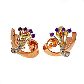 Vintage 14k Rose and White Gold Amethyst Rose Cut Diamond Clip Post Earrings