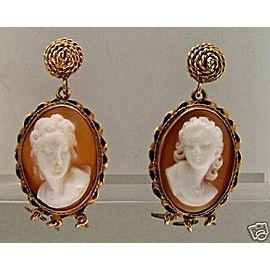 Estate 1920s High Relief Hand Carved Oval Italian Cameo Earrings Dark Back