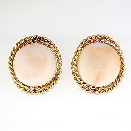 Vintage 14K Yellow Gold Natural Light Pink Coral Twisted Wire Border Earrings