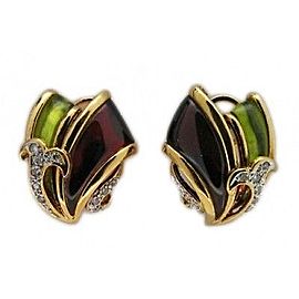 Estate 14k Yellow Gold Red & Green Glass Diamond Clip Post Pierced Earrings