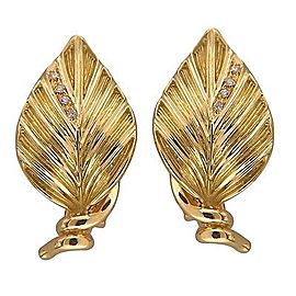 Vintage Heavy 18k Gold 8 Diamond Italian Textured Leaf Clip & Post Earrings
