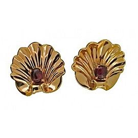 Estate 1940'S Retro 14k Gold Scallop Yellow Gold Red Ruby Shell Pierced Earrings