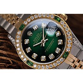 Ladies Rolex 26mm Datejust Green Vignette Dial Diamond Bezel + Lugs + Emerald 69173 Two Tone Watch