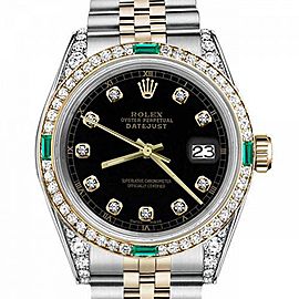 Women's Rolex 31mm Datejust Two Tone Jubilee Black Color Dial Bezel +Lugs + Emerald