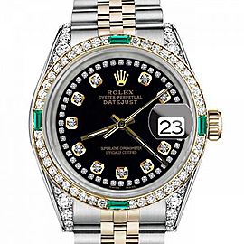 Women's Rolex 31mm Datejust Two Tone Jubilee Black Color String Diamond Accent Dial Bezel + Lugs + Emerald