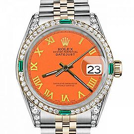 Women's Rolex 31mm Datejust Two Tone Jubilee Orange Color Roman Numeral Dial Bezel + Lugs + Emerald