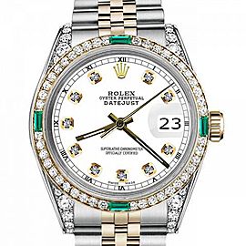 Women's Rolex 31mm Datejust Two Tone Jubilee White Color Dial Diamond Accent RT Bezel + Lugs + Emerald