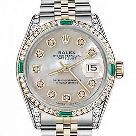 Women's Rolex 31mm Datejust Two Tone Jubilee White MOP Mother of Pearl Dial Diamond Accen Bezel + Lugs + Emerald 68273