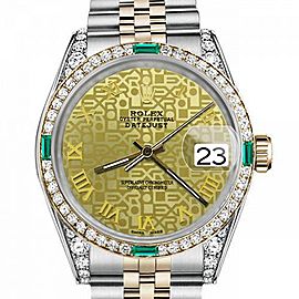 Women's Rolex 31mm Datejust Two Tone Jubilee Champagne Gold Jubilee Roman Numeral Dial Bezel + Lugs + Emerald