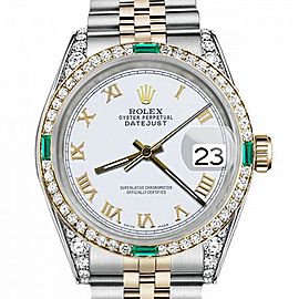 Women's Rolex 31mm Datejust Two Tone Jubilee White Roman Numeral Dial Bezel + Lugs + Emerald