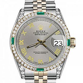 Women's Rolex 31mm Datejust Two Tone Jubilee Slate Grey Roman Numeral Dial Bezel + Lugs + Emerald