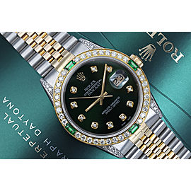Rolex 36mm Datejust Green Dial with Emeralds & Diamonds Two Tone Watch Jubilee Band