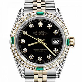 Men's Rolex 36mm Datejust Two Tone Jubilee Black Color Dial Bezel +Lugs + Emerald