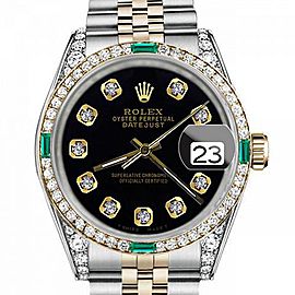 Men's Rolex 36mm Datejust Two Tone Jubilee Black Color Dial Diamond Accent Bezel + Lugs + Emerald