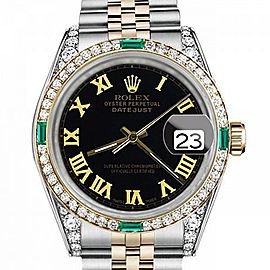 Men's Rolex 36mm Datejust Two Tone Jubilee Black Color Roman Numeral Dial Bezel + Lugs + Emerald
