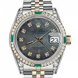 Men's Rolex 36mm Datejust Two Tone Jubilee Black MOP Mother Of Pearl Dial Diamond Accent RT Bezel + Lugs + Emerald